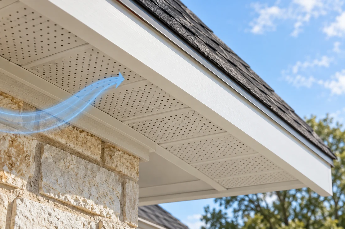 Perforated soffit ventilation under a realistic shingle roof eave