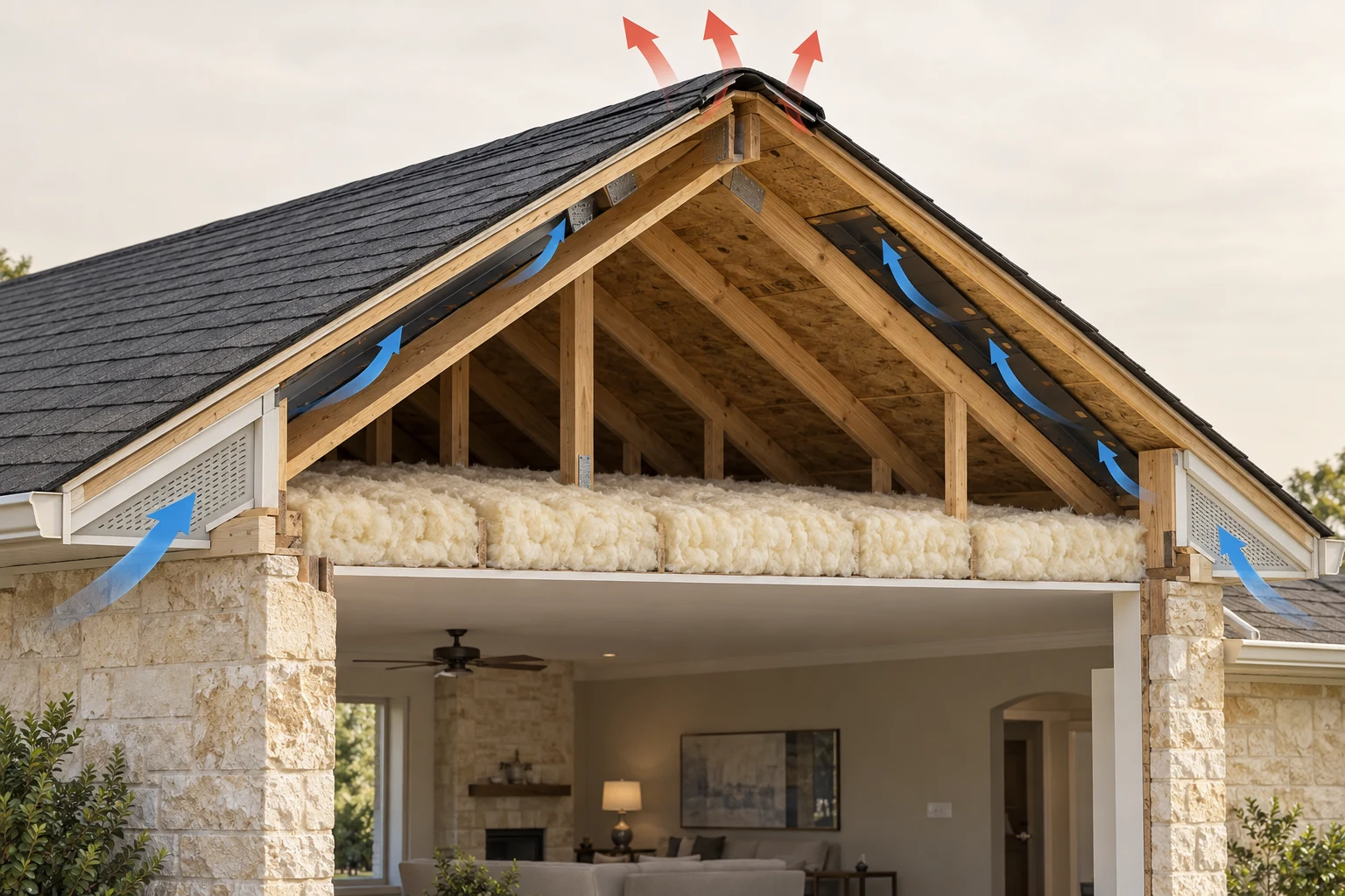 Illustrative roof cutaway showing soffit intake, open attic, ridge exhaust and insulation at ceiling level